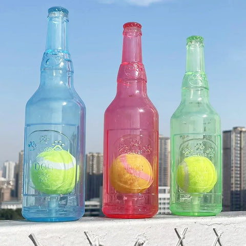 Interactive Dog Chew Toy - Bite-Resistant Beer Bottle with Squeaky Tennis Ball for Fun Playtime