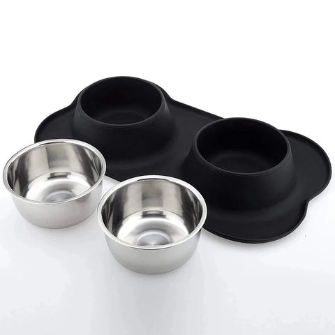 Elevate Your Pet's Mealtime with Our Antislip Double Dog Bowl Set - Durable Stainless Steel Water and Food Feeders with Silicone Mat!