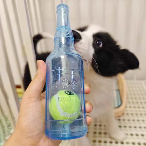 Interactive Dog Chew Toy - Bite-Resistant Beer Bottle with Squeaky Tennis Ball for Fun Playtime